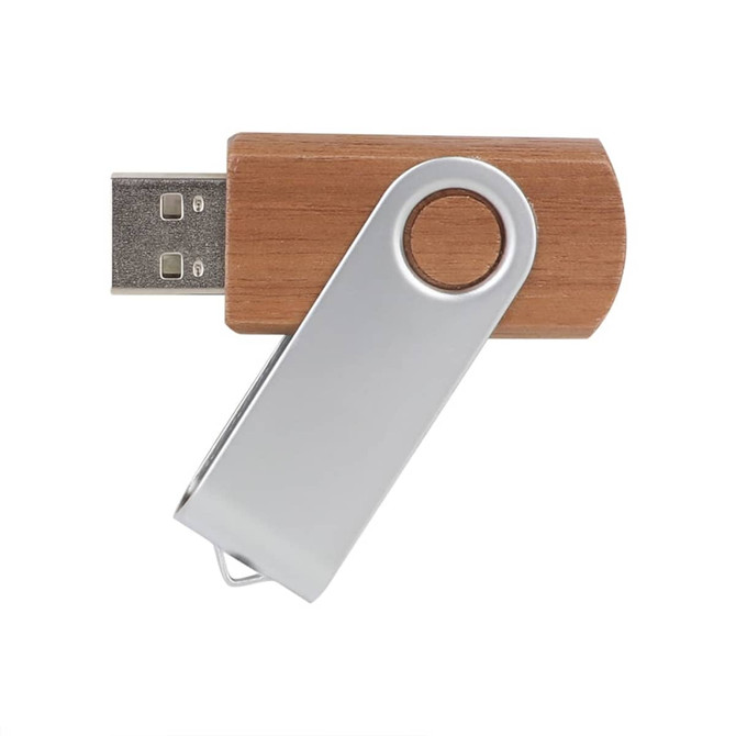 A metal swivel wooden flash drive featuring a silver swivel and a wooden body. It has a logo on the surface.