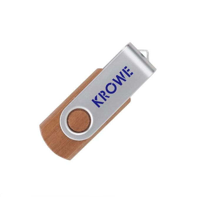 A metal swivel flash drive with a wooden body and a logo. Features a silver end and natural wood colour.