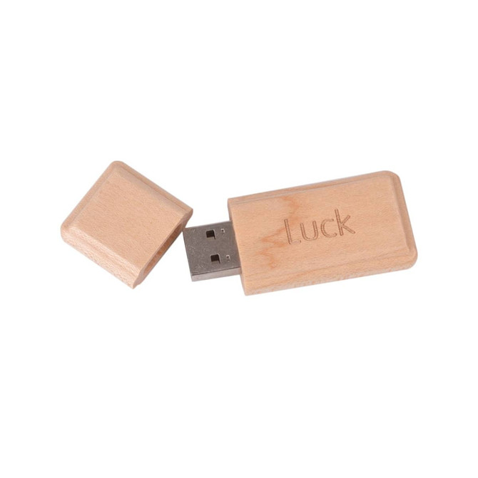 A wooden flash drive in natural colour with a removable cap, featuring a logo on its surface.