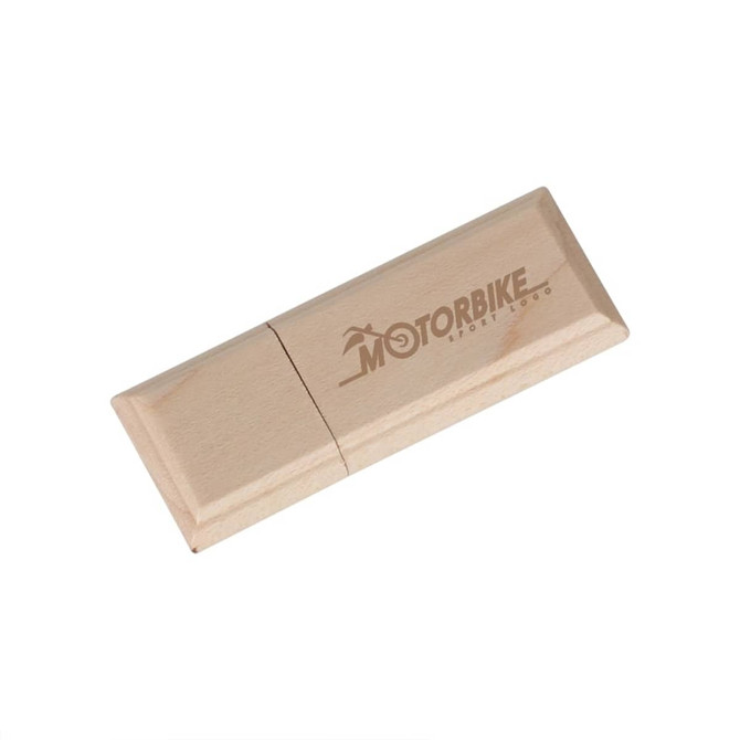 A wooden flash drive featuring a logo, showcasing a rectangular design with smooth edges.