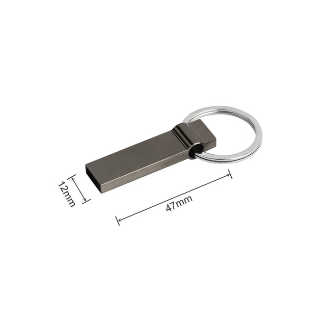 A metal USB flash drive in silver, featuring a keyring attachment for portability.