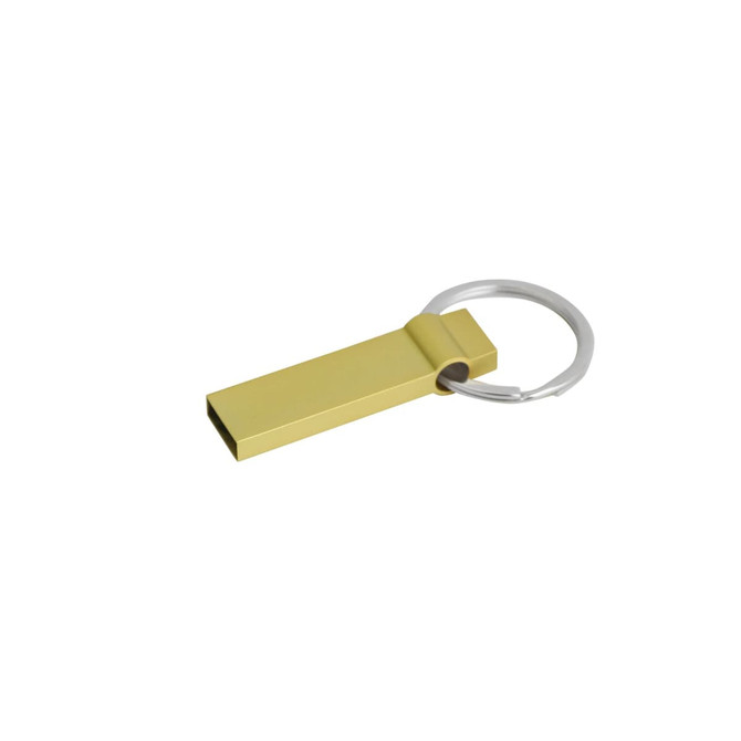 A gold flash drive with a keyring attachment. The design is sleek and rectangular.