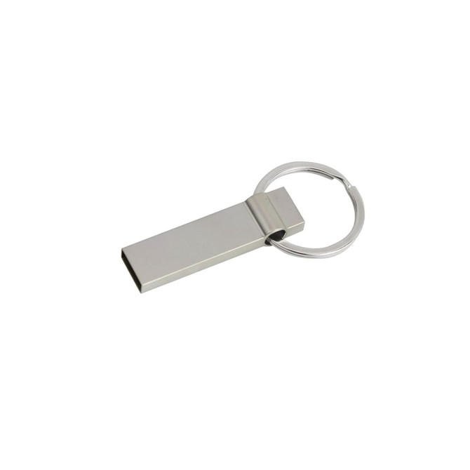 A silver USB flash drive attached to a metal keyring. The design is sleek and minimalistic.