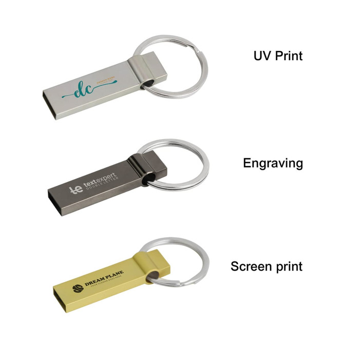 A collection of three Titan Flash Drives in silver, grey, and gold, each with a keyring attachment.