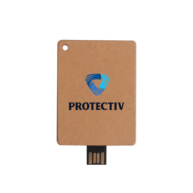 A brown eco-friendly flash drive with a black USB connector and a logo on the surface.