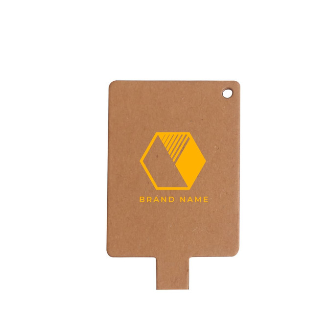 A brown eco-friendly flash drive with a rectangular shape and a logo in yellow. It features a hole for attachment.