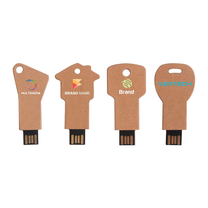 Four eco-friendly flash drives in various key shapes, featuring natural brown colouring and distinct branding on each.