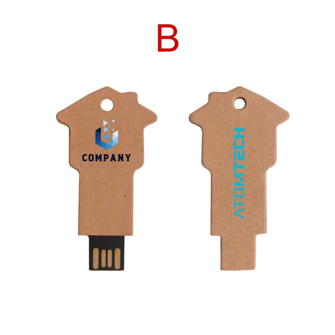 An eco-friendly flash drive shaped like a house, featuring a brown cardboard design and a USB connector.