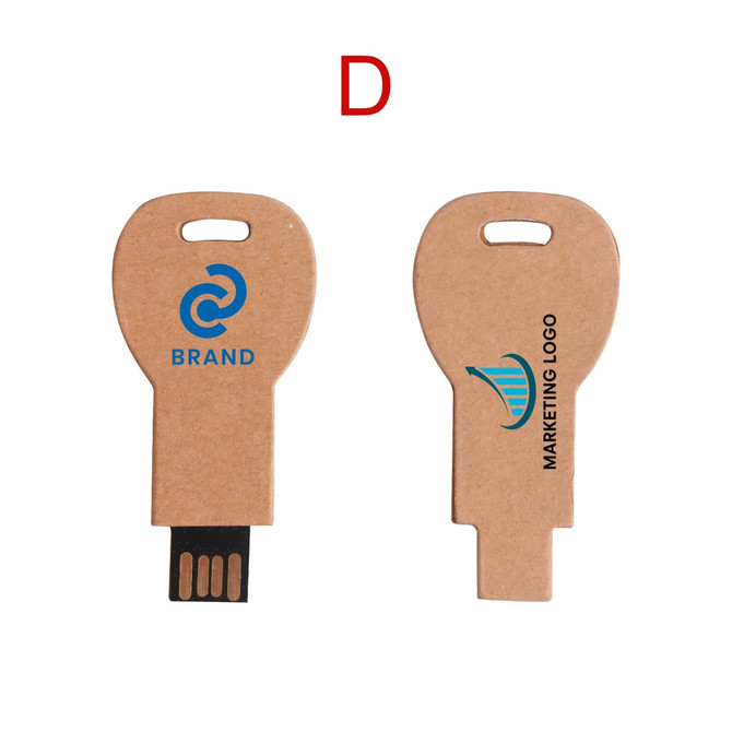 An eco-friendly flash drive shaped like a key, featuring a natural finish with branding on both sides.