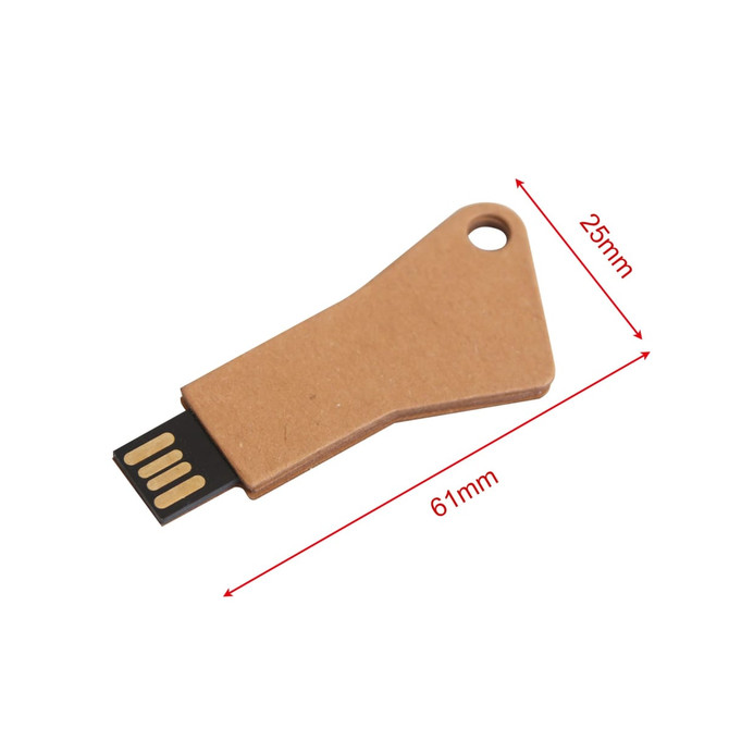A rectangular eco-friendly flash drive in natural brown tone with a key-shaped design and a black USB connector.