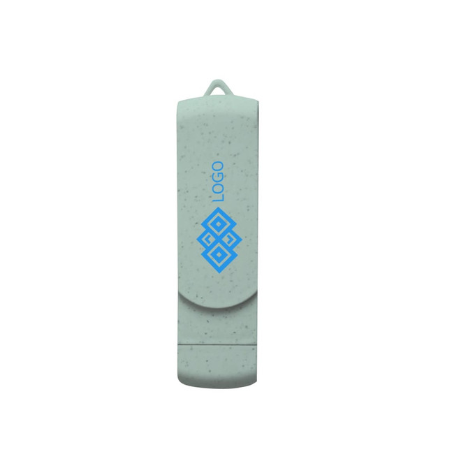 A light green wheat straw Type C flash drive with a logo on the surface, featuring a sleek design.