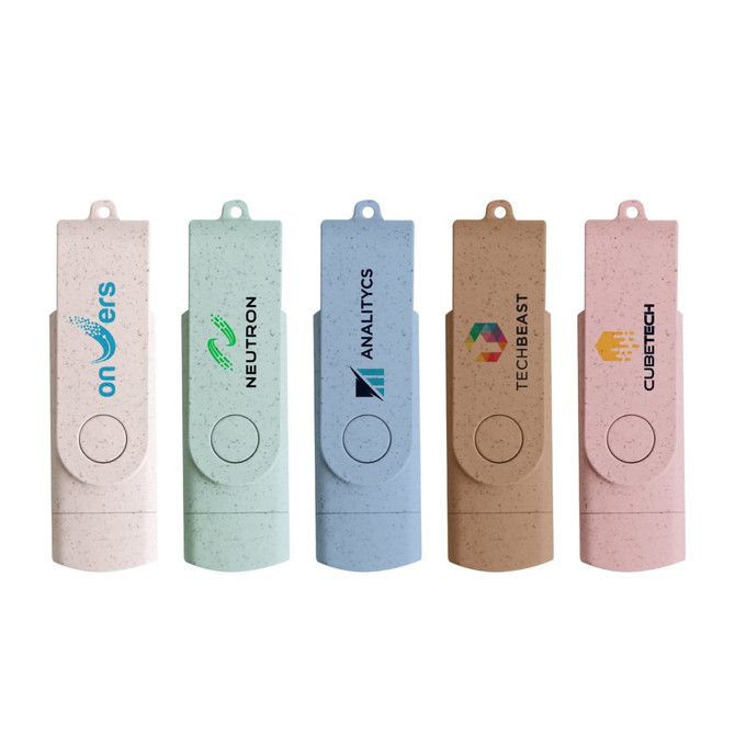 Five double-end eco-friendly Type C flash drives in pastel colours, featuring various logos on each.