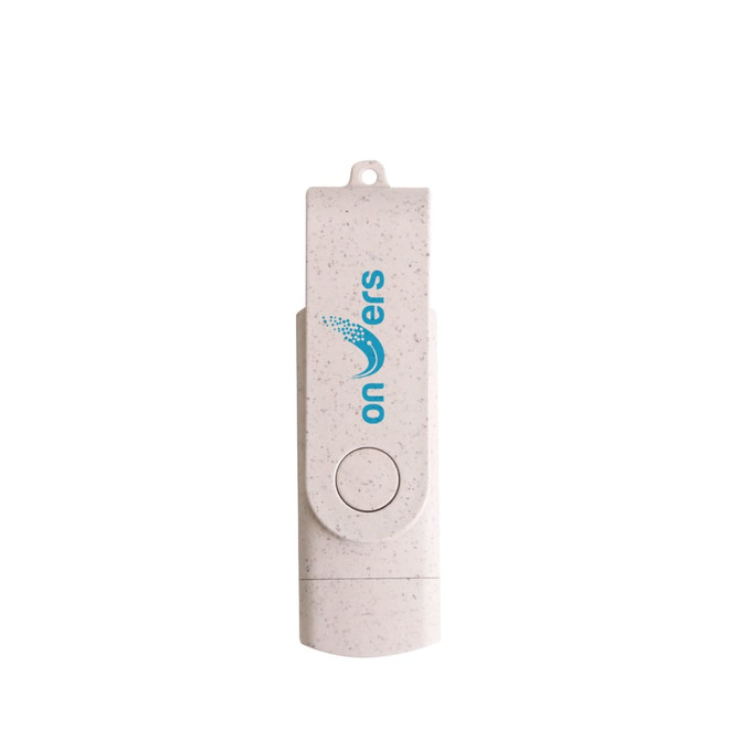 A double-end eco swivel Type C flash drive in light grey, featuring a circular button and a logo.