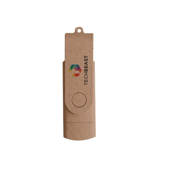 A beige eco-friendly double-end swivel Type C flash drive with a logo.