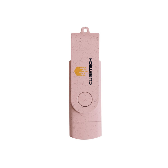 A pink, eco-friendly double-end Type C flash drive with a logo, featuring a swivel design.