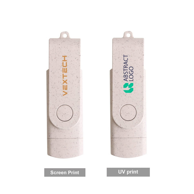 A double-end eco swivel Type C flash drive in grey with branding options. Features two printing styles.