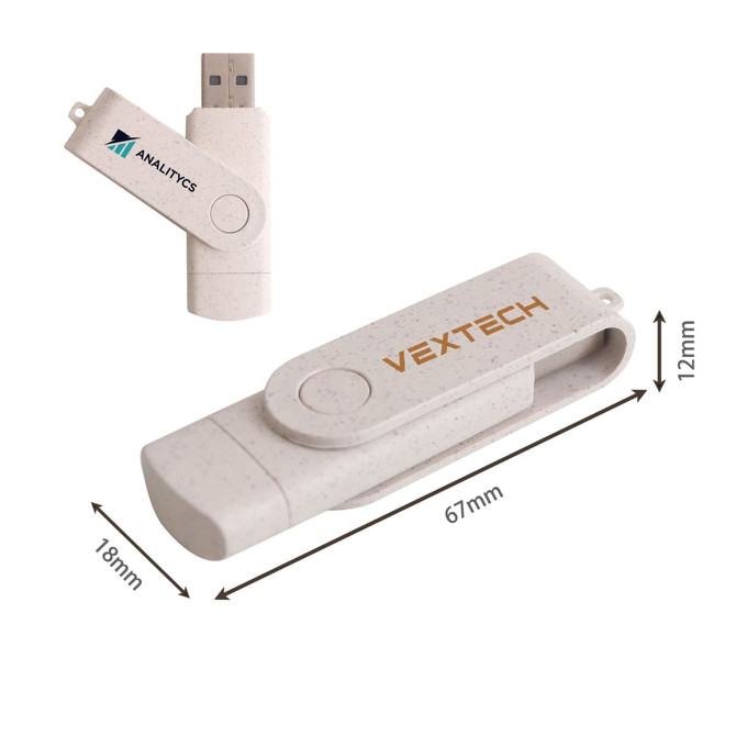 A double-end eco swivel Type C flash drive in a cream colour, featuring a branding logo. Dimensions are 67mm x 18mm x 12mm.