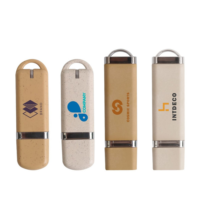 Eco Constellation Flash Drives in various shades of beige and cream, featuring logos on each.