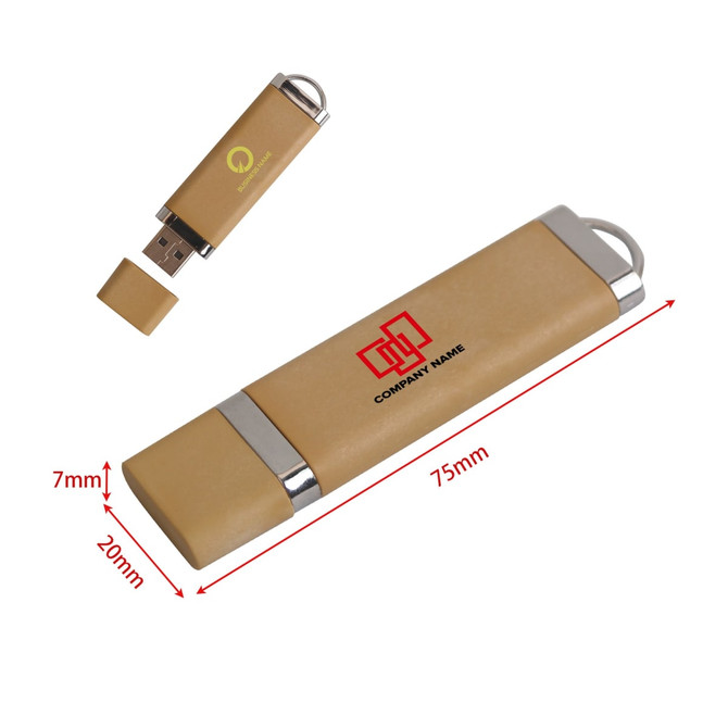 A tan Eco Constellation flash drive with a silver collar and a removable cap, featuring a logo. Measuring 75mm by 20mm.