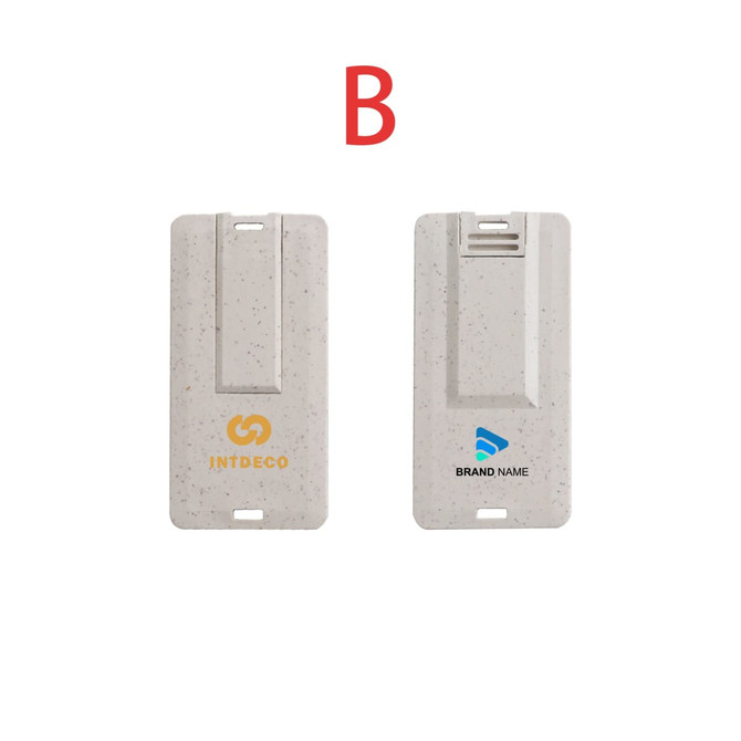 A Wheat Straw Credit Card Flash Drive in a light beige colour with two sides featuring different designs and logos.