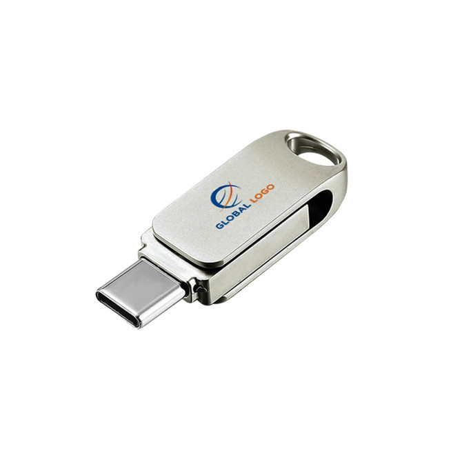 A silver Type-C flash drive featuring a logo, with a retractable connector for easy access.