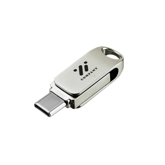 A silver Type-C flash drive with a metallic finish and a branding logo on its side.