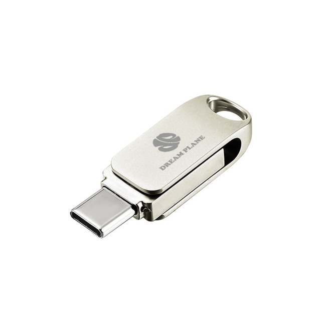 A silver Type-C flash drive with a swivel design and a logo, featuring a keyring attachment.