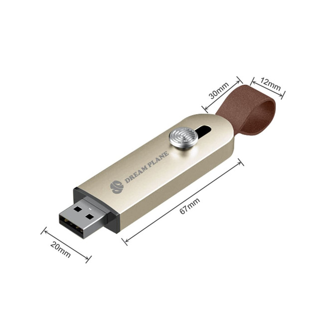 A sliding metal flash drive in gold and black, featuring a brown strap and a logo on the side.