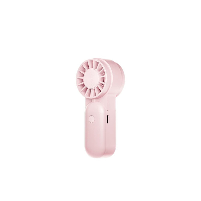 A mini portable handheld fan in soft pink, featuring a round fan blade and a small button for operation.
