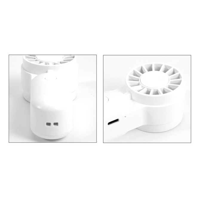 A mini portable handheld fan in white, featuring a compact design and a USB charging port.