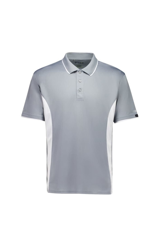 A light grey short sleeve polo shirt with white side panels and a collar, featuring a logo on the sleeve.