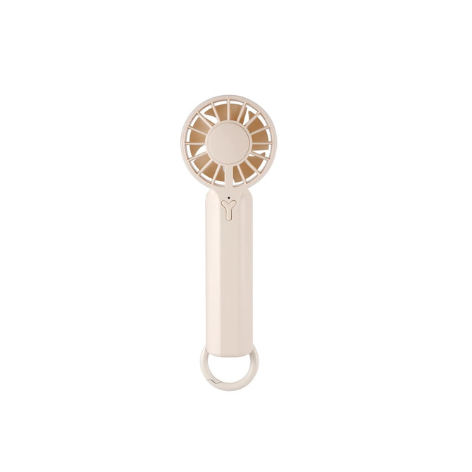 A portable handheld fan in cream colour with a circular blade design and a hook for easy carrying.