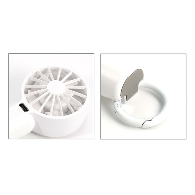 A white portable handheld fan with a circular grille and a hook attachment for easy carrying.
