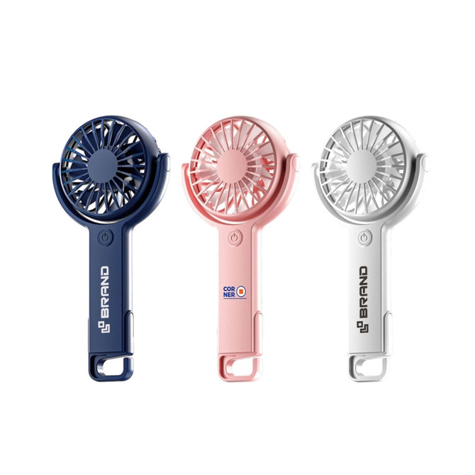 A handheld fan set in navy blue, pink, and white, featuring a hook for easy attachment. Includes a logo.