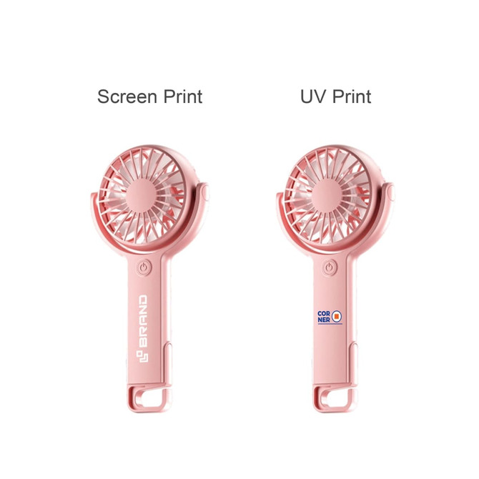 A pink handheld fan with a 180° adjustable angle and branding, featuring two printing options.