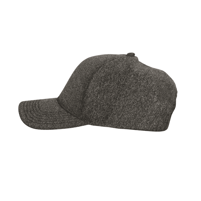 A dark grey, two-panel cap featuring a sleek design and no visible seams. It includes a logo on the side.