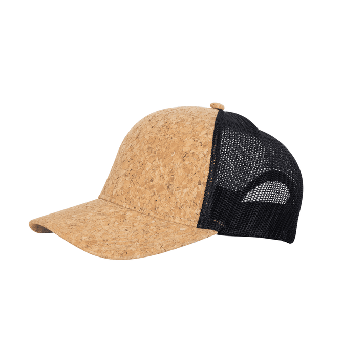 A cork mesh trucker cap featuring a cork front and black mesh sides, complete with a rounded visor.
