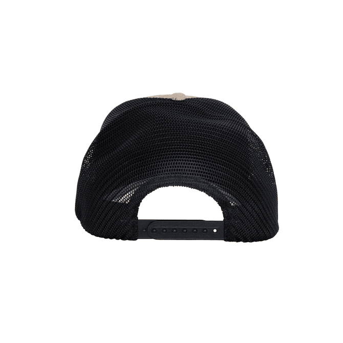 A black mesh trucker cap featuring a beige front panel and an adjustable strap at the back.