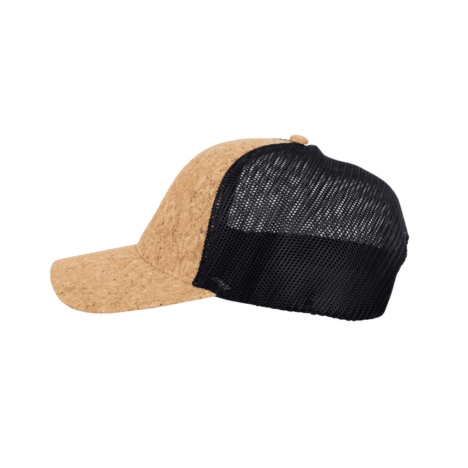 A cork mesh trucker cap with a textured cork front and a black mesh back, featuring a rounded peak.