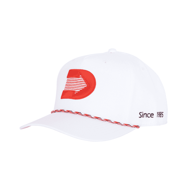 A white cap with a red logo and custom braid detailing around the brim. Features a logo on the front.