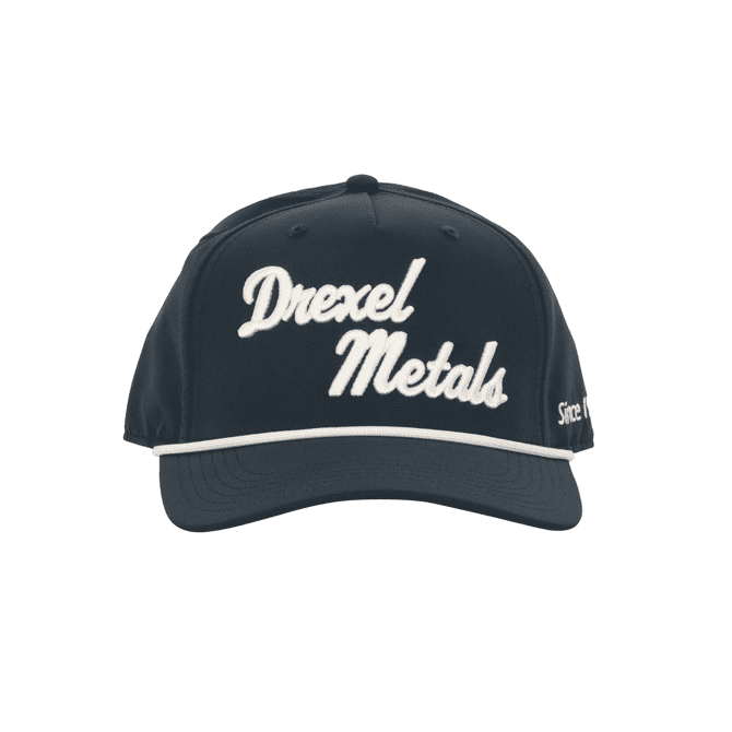 A dark grey cap featuring white embroidered text and a braid along the brim, with a logo present.