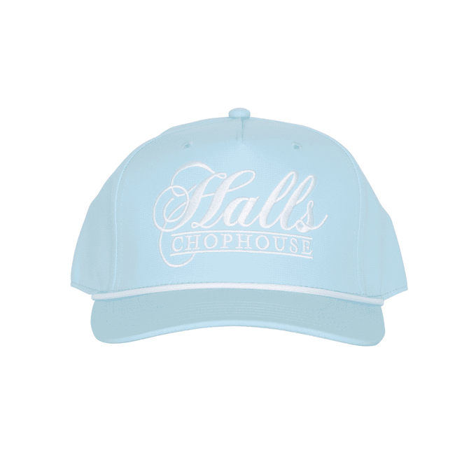 A light blue five-panel polyester cap featuring a custom braid and an embroidered logo on the front.