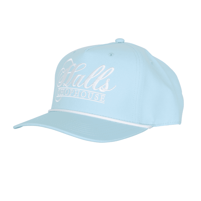 A light blue polyester cap featuring a custom braid and a logo on the front.