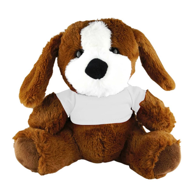 A brown plush dog with floppy ears and a white patch on its chest, wearing a plain white shirt.