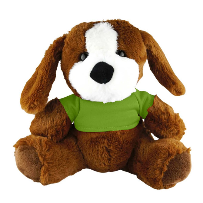 A brown plush dog wearing a green shirt, with floppy ears and a soft, cuddly body.