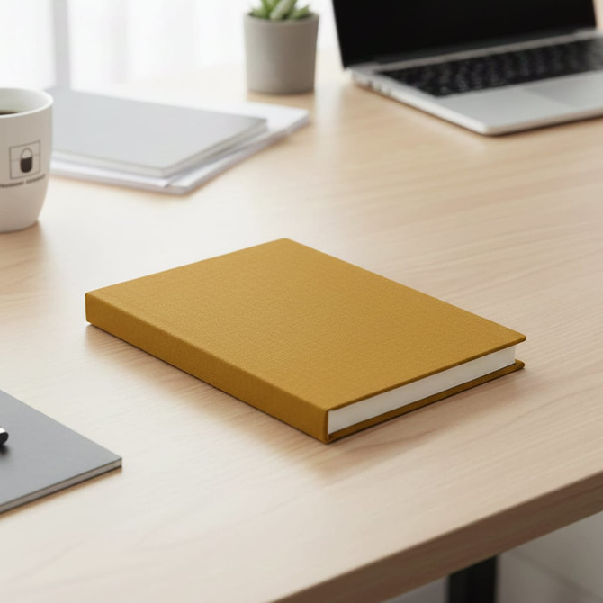 A mustard yellow A5 notebook with a textured cover resting on a wooden desk, alongside stationary and a laptop.