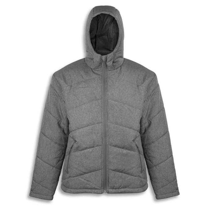 A grey puffer jacket with a hood, featuring a zip front and padded design. It has a logo on the jacket.