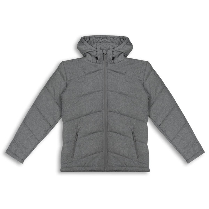 A grey puffer jacket with a hood, featuring a front zip and two side pockets. Includes a branding logo.