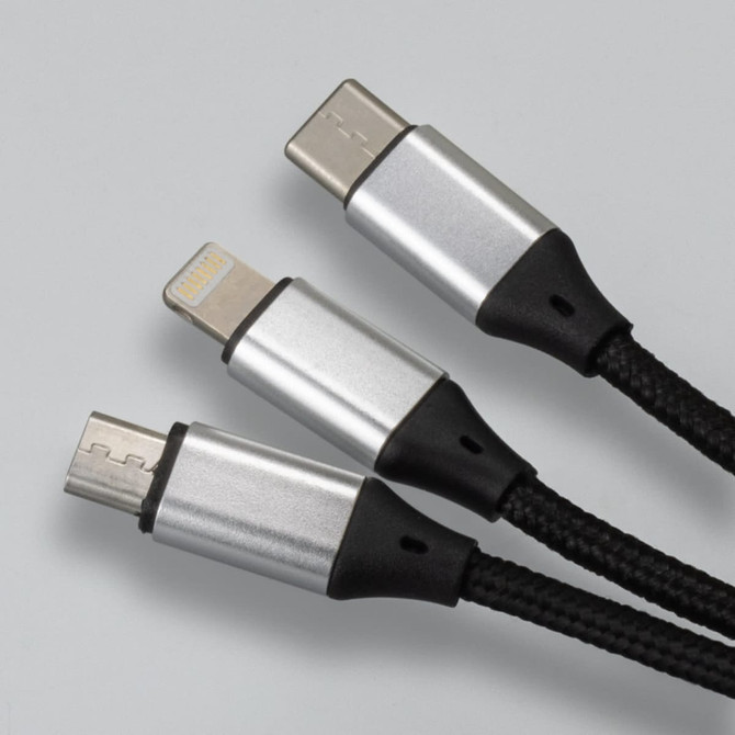 A braided charging cable in black and silver, featuring three connectors: USB-C, Lightning, and Micro USB.