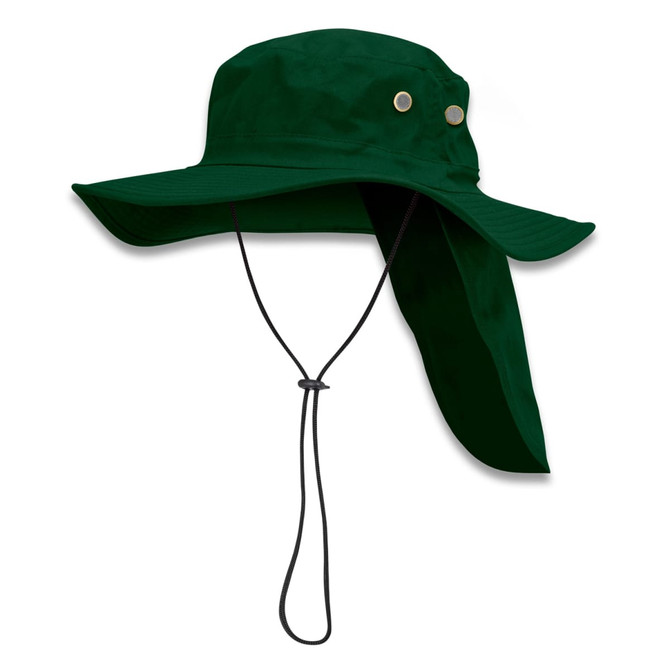 A dark green Legionnaire wide brim hat with a long neck flap and adjustable chin strap. Features ventilation holes.